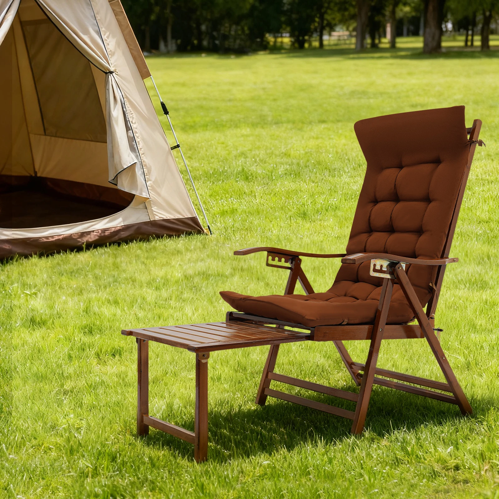 Bamboo Lounge Chair, Folding Reclining Chair with Adjustable Backrest, Folding Extended Lounge Chair with Cushion Patio Bedroom