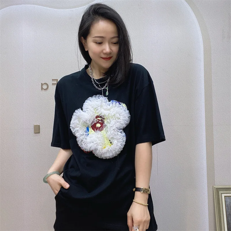 

Summer Casual Pearl and Diamond T Shirt For Women Street Style Letters Round Neck Loose T-shirt For Young Girl