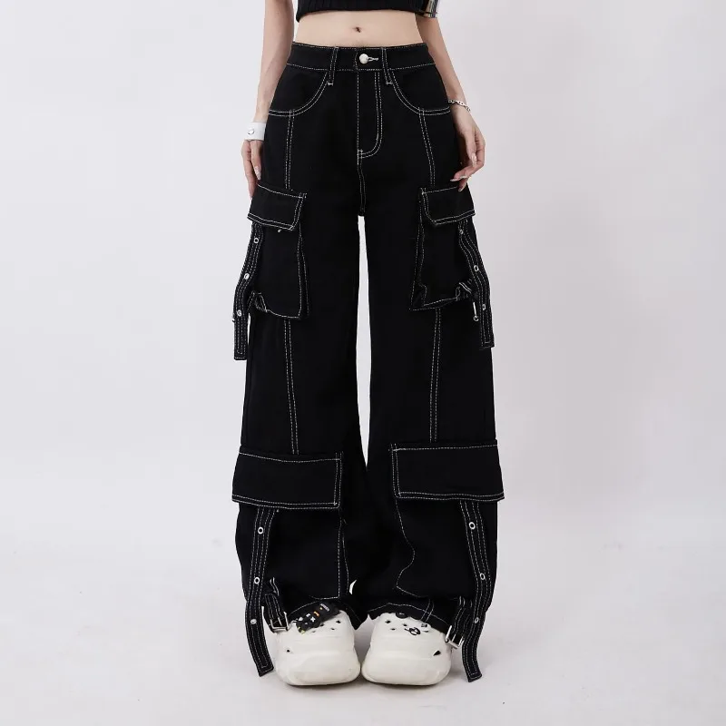 QWEEK Y2k Gothic Cargo Jeans Women Black Punk Streetwear Baggy Denim Pants Vintage Korean Fashion Grunge Trousers Aesthetic qweek star girls y2k vintage jeans women acubi harajuku baggy streetwear grunge denim pants korean fashion trousers aesthetic