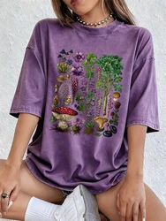 Floral & Mushroom Print Oversized Cotton T - Shirt - Women's Casual Summer Top - S (Purple)