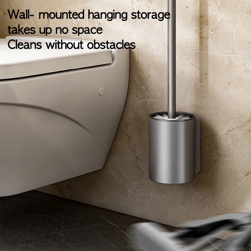 Wall-Mounted Space Aluminum Toilet Brush Holder Set – Long Handle WC Cleaning Brush 5