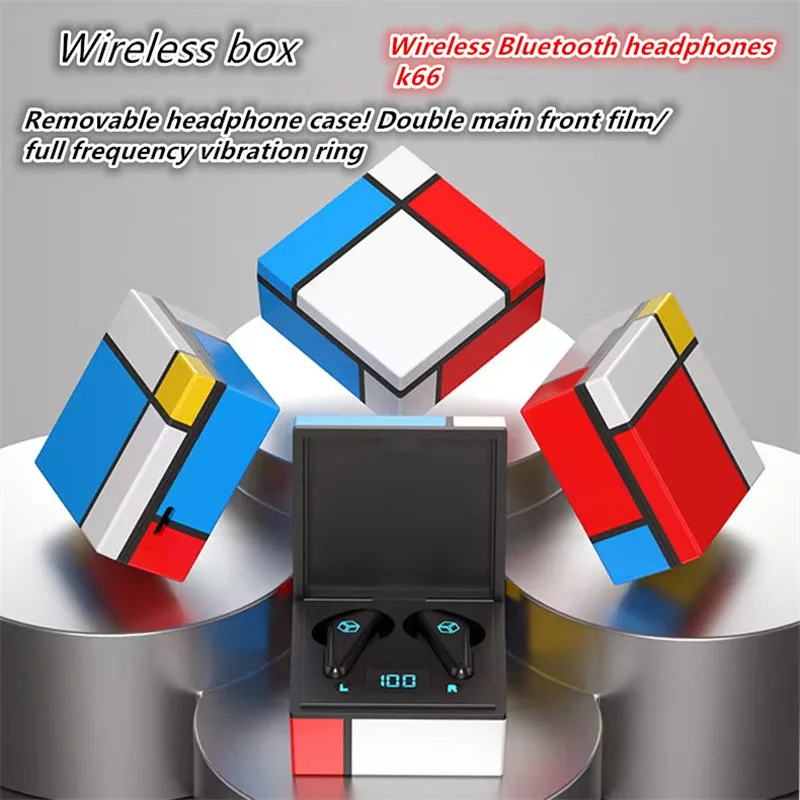 New K66 Creative Rubik'S Cube Detachable Tws Wireless Bluetooth Earphones 5.3 Dual Ear Esports Games With Charging Bin Headphone