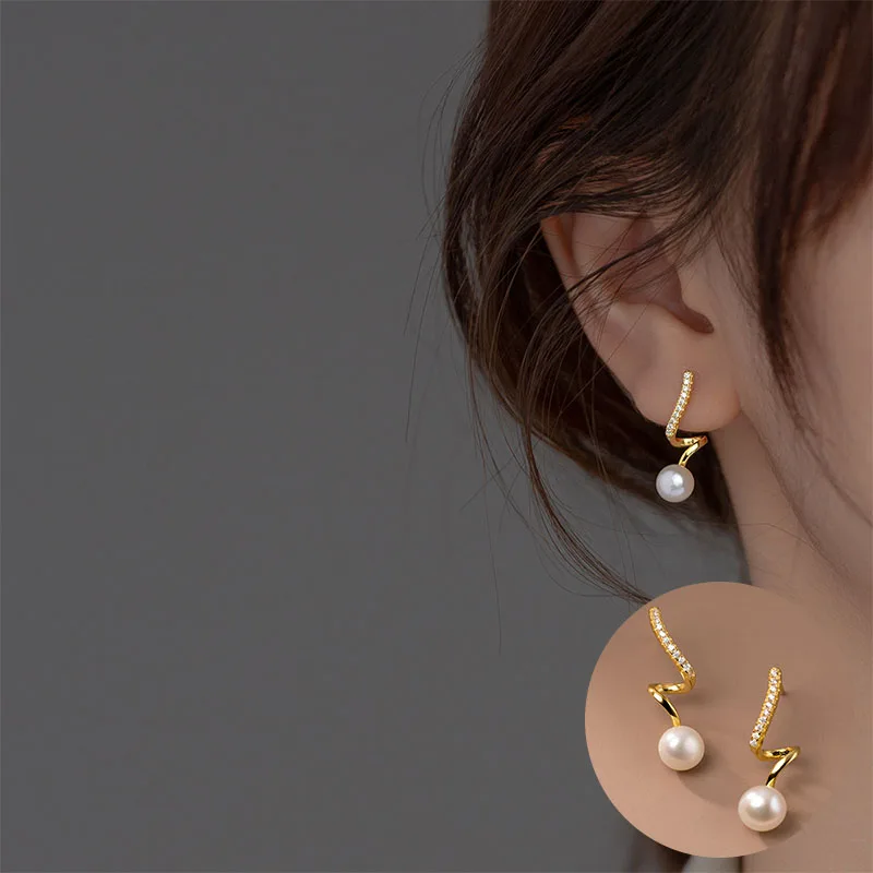 

100% 925 Sterling Silver Pearl Geometric Earrings for Woman Girl Simple Fashion Spiral Design Jewelry Party Gift Dropshipping