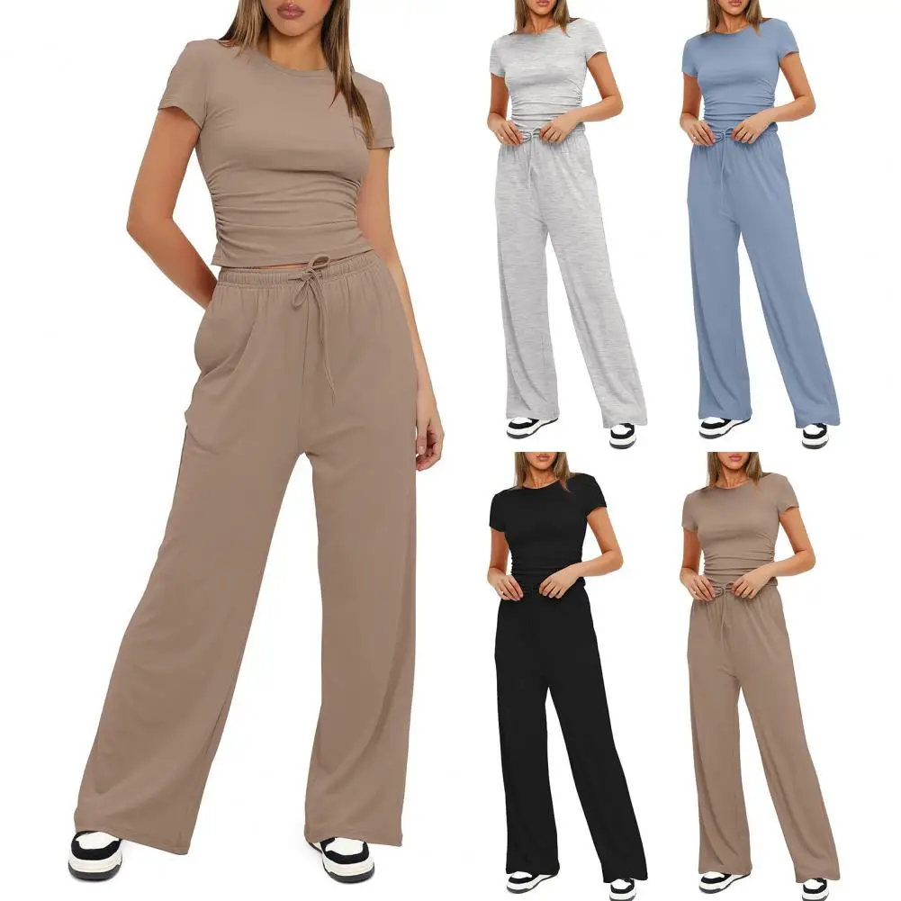 

Women Short Sleeve T-shirt Women's High Waist Yoga Set with Drawstring Pants O Neck Top Breathable for Summer for Fitness