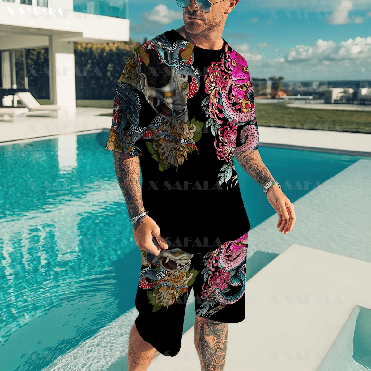 Samurai Mask Tattoo Art Armor Tshirt Short Combo Beach Set Uomo Estate Manica Corta Casual Mens T-Shirt Boardshorts Set -5