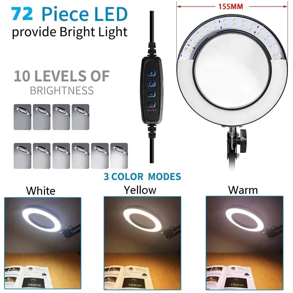 Magnifying Glass 72LED 8X/10X Illuminated USB 3 Colors For Skincare Beauty/Table Lamp/Soldering Iron Repair