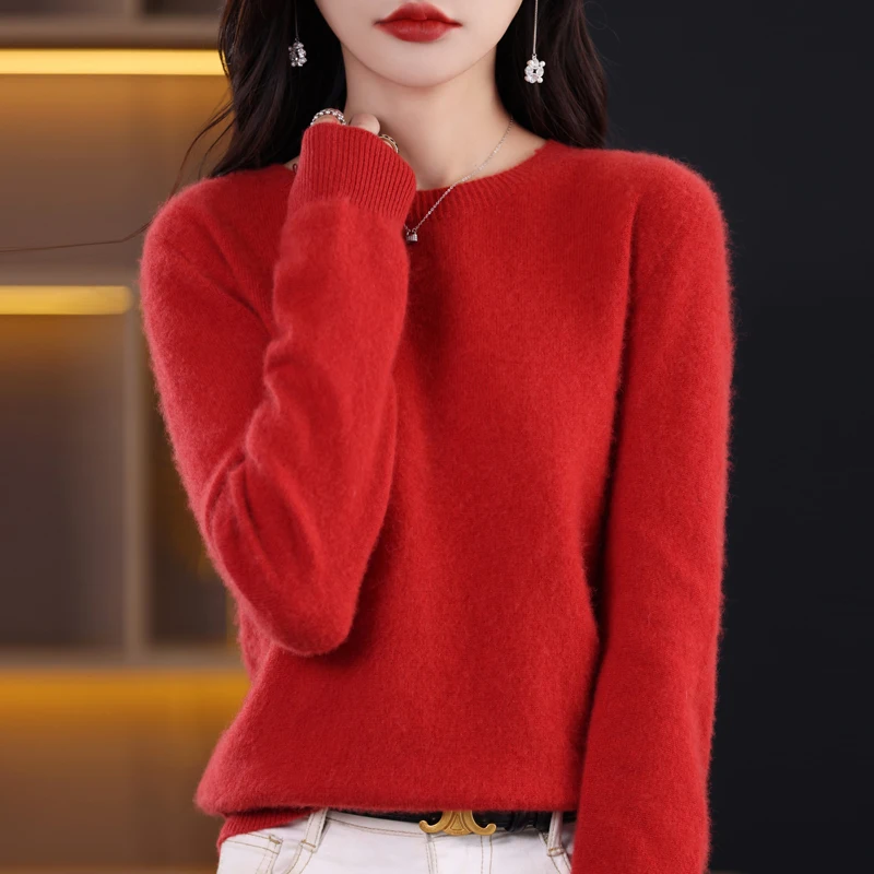 Women Sweater Pure Wool Casual Knitted Pullover Autumn Winter Soft Warm Long-Sleeved Basic Round Neck