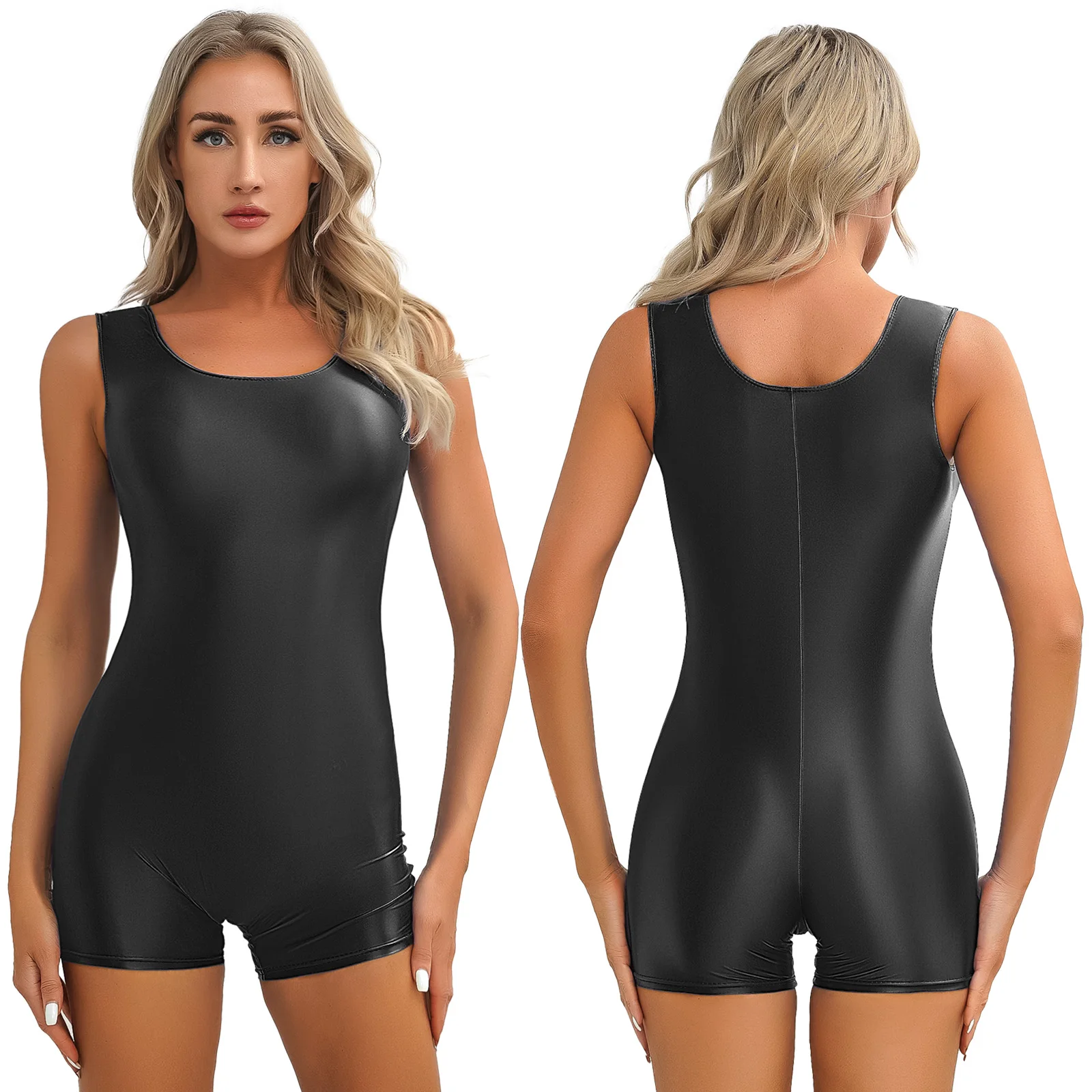 thumbnail image 1 of Traje de baño brillante para mujer, peleles de Color sólido, elástico, cuello redondo, Mono corto ajustado, Yoga, culturismo, gimnasio y Fitness, 1 of 5