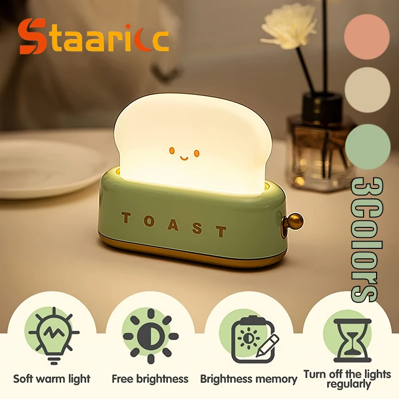 Rechargeable Cute Toaster Night Light - Toast Shape Bedside Lamp with Smile Face,Dimmable Desk Decor,Bedroom,Living Room,Gift