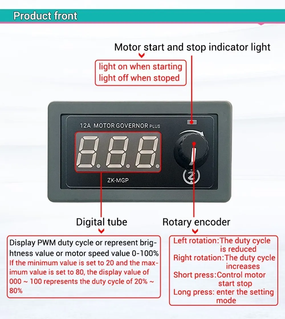 Description Picture 6 of itemZK-MGP Adjustable Speed PWM DC Motor Controller 5-30v 12A 360W 6V 12V 24V Slow Start Slow Stop Module