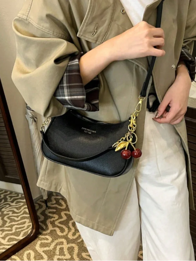 2026 Trendy Cherry Women Shoulder Bag PU Leather Hobo Bag Cute Cherry Charm Underarm Bag Small Crossbody Purse Daily for Girls 4