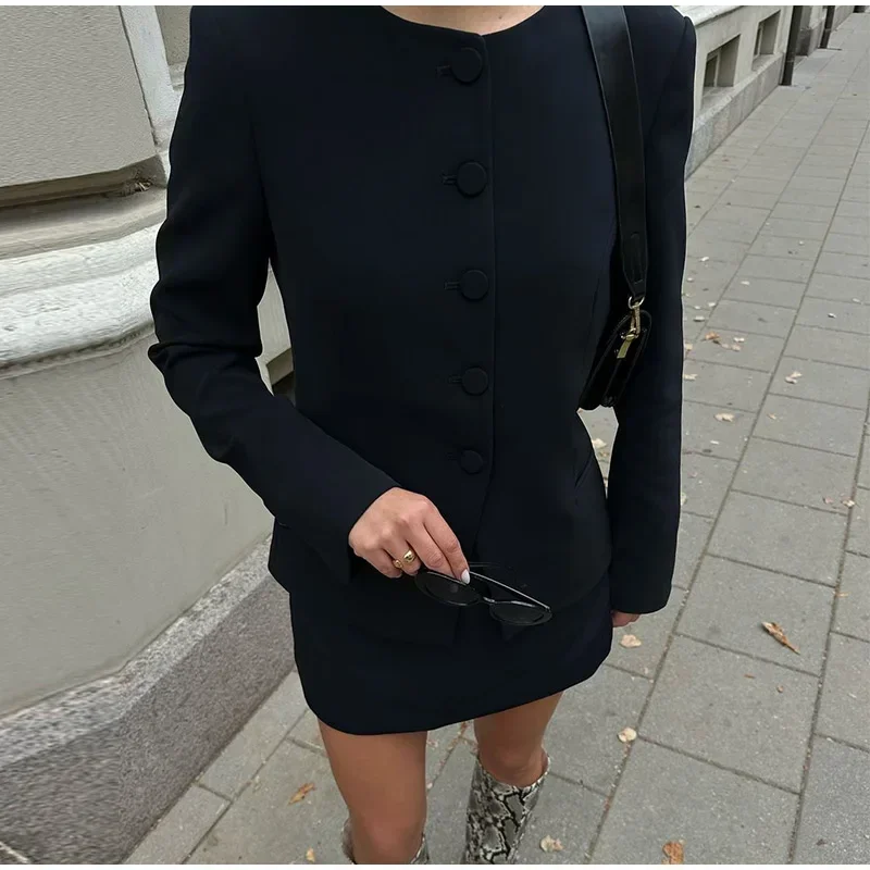Elegant Blazer Skirt Suit Women Slim Long Sleeve O-neck Button Jacket Mini A-line Skirt 2025 Spring Lady New in Matching Outfits