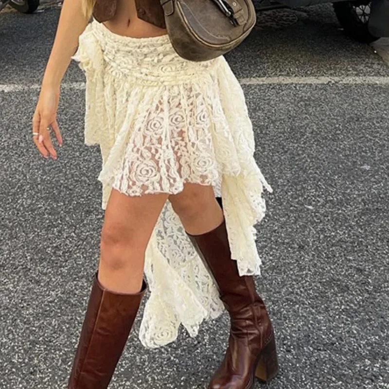 

Women Asymetric Skirts Summer Fairy Grunge Bottoms Flower Lace Ruffles Hem Ruched Waist Skirt Hollow Out Streetwear Vacation
