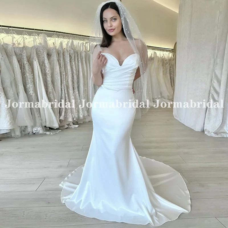 

Sweetheart Neckline Pleated Satin Wedding Dress Sleeveless Mermaid Chapel Train Bridal Gowns Tailor Made Wedding Dresses 웨딩드레스