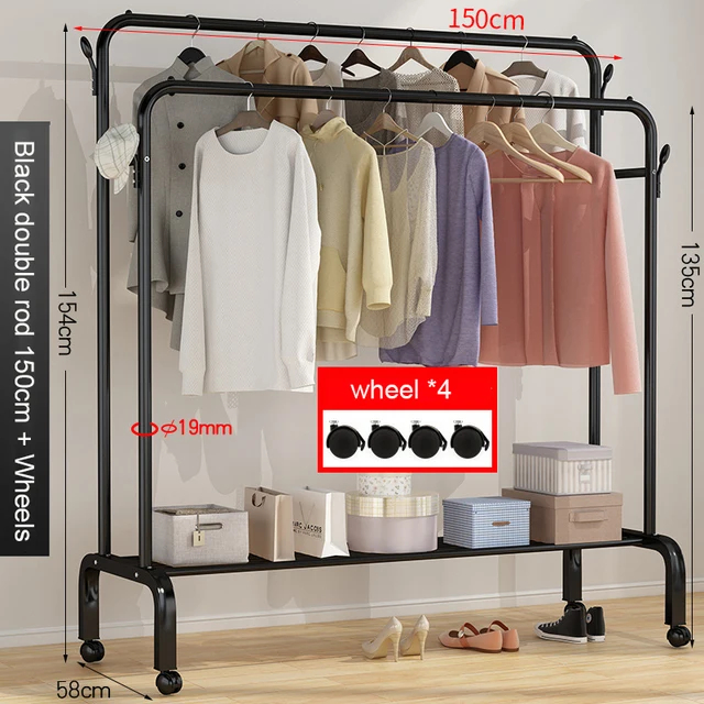 Garment Rack Floor Standing Clothes Hanger Double Pole Coat Rack Wardrobe Clothing Drying Rack Mobile Cloth Rail Home Furniture B wheel Double 150cm
