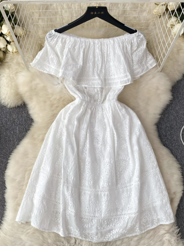 

Summer Sexy White Mini Dress for Women Clothing Night French Ruffle Edge Off Shoulder A-line Vacation Dress Hot Streetwear