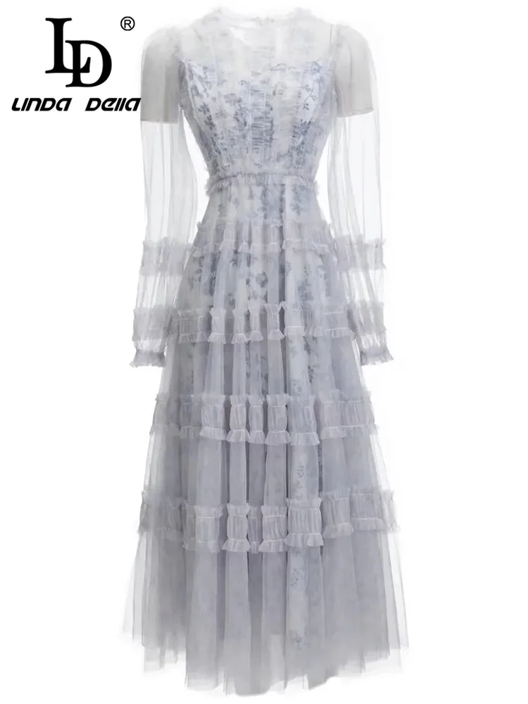 

LD LINDA DELLA Fashion Runway Autumn Winter Dress Women Long sleeve Bohemian Floral print Mesh Elegant Vacation Party Long Dress