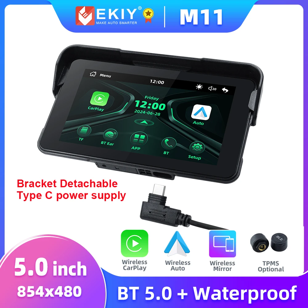 EKIY 5インチ バイク用ワイヤレスCarPlay Android Auto対応