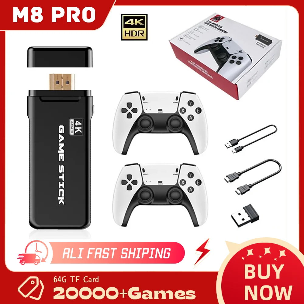 M8Pro Game Stick 4k 20000 Games Console Mini HD TV Handheld Game Console Wireless Gamepads Video 64G Retro