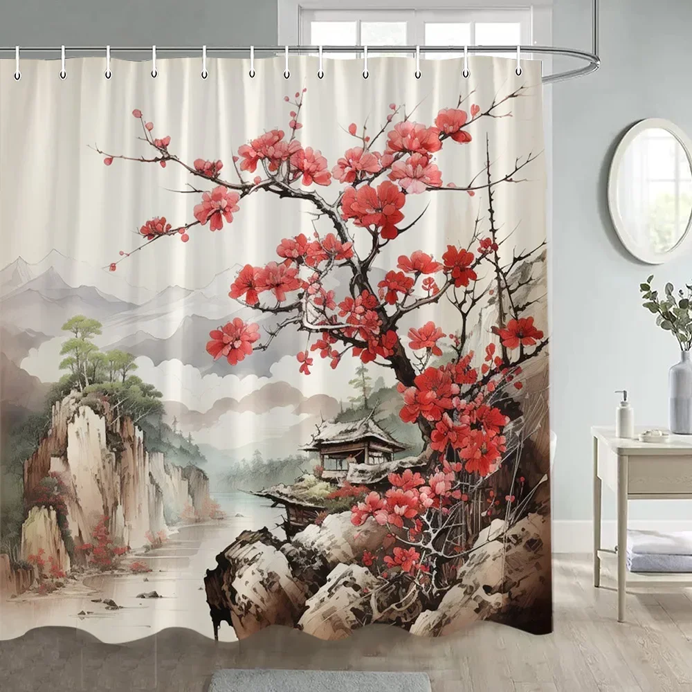 Japanese Style Flowers Bird Shower Curtain Abstract Mountain Red Floral Plant Ink Art Landscape Fabric Decor Bathroom Curtains shower curtains