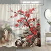 Japanese Style Flowers Bird Shower Curtain Abstract Mountain Red Floral Plant Ink Art Landscape Fabric Decor Bathroom Curtains 3