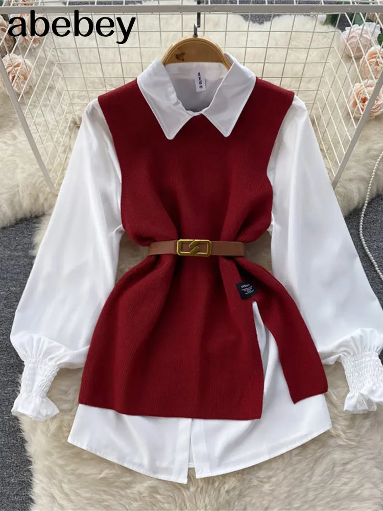 

Long lantern sleeve shirt women knitted vest 2 two piece set 2023 spring autumn womens Shirts sets Sleeveless Sweater tops
