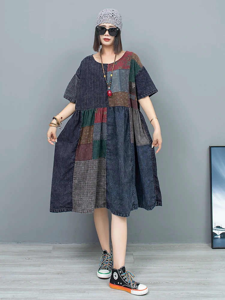 

Ethnic Style Patchwork Pullover Dress Women's Summer Loose High-waisted Oversized Batwing Sleeve O-neck A-line Mid-calf Dress