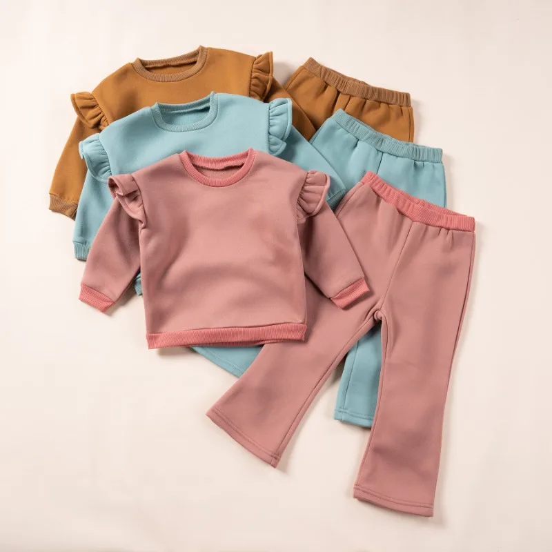 

Autumn Winter Warm Toddler Girls Outfits Sets Round Neck Ruffle Trim Top+ Elastic Waist Pant 2pcs Solid Casual Suit 1-6T