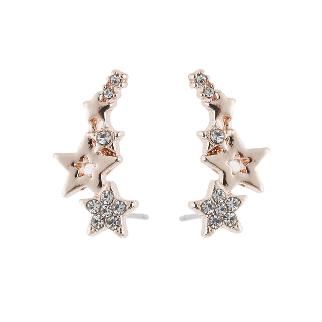 Pair Elegant Star Silvery Gold Color Stud Connected Earrings Women White Zircon Rhinestone Fashion Jewelry Girls Gifts