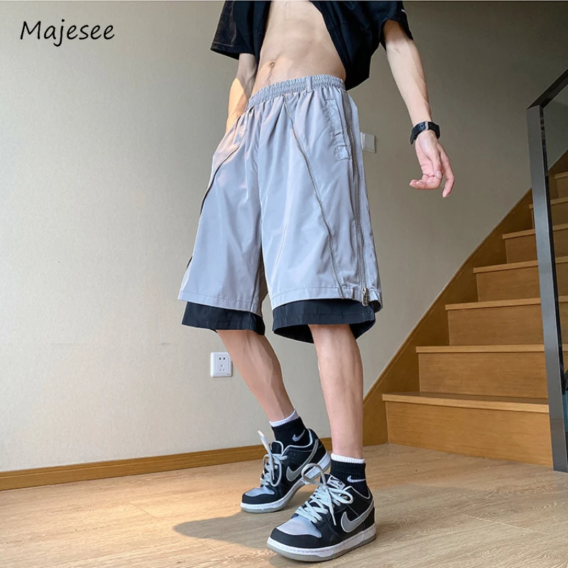 

Fake Two Pieces Shorts Men Wide Leg Loose All-match Side-slit American Punk Style High Street Hip Hop Panelled Spliced Advanced