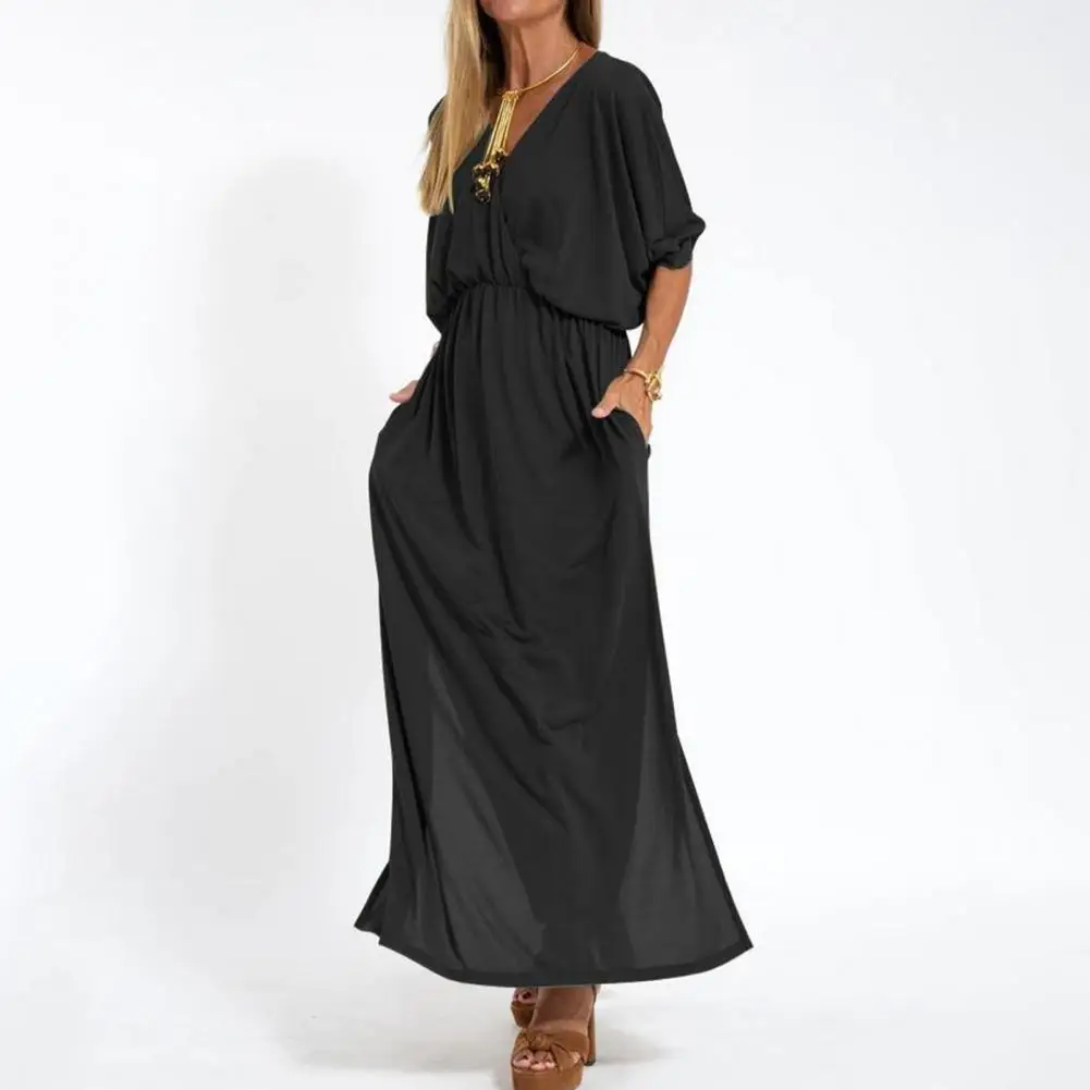 

Dresses For Women Spring Summer Shirt Loose Dress V-Neck Three-quarter Sleeves High Waisted Dress Solid Color Split Pleated Long