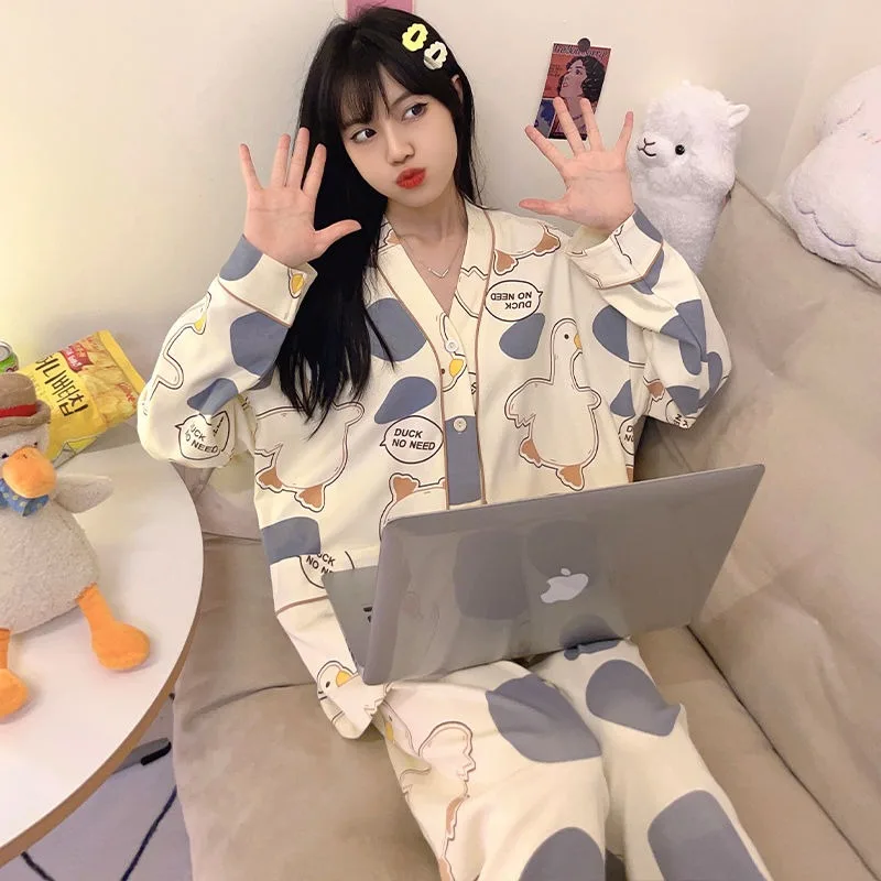 Girs Pure Cotton Spring Autumn Pajamas 2024 New Women's Long Sleeved Pants Sleepwear Sweet Comfortable Soft Home Clothing Set spring summer new women s pajamas pure cotton gauze soft women s kimono long sleeves pajamas set loose comfortable home wear