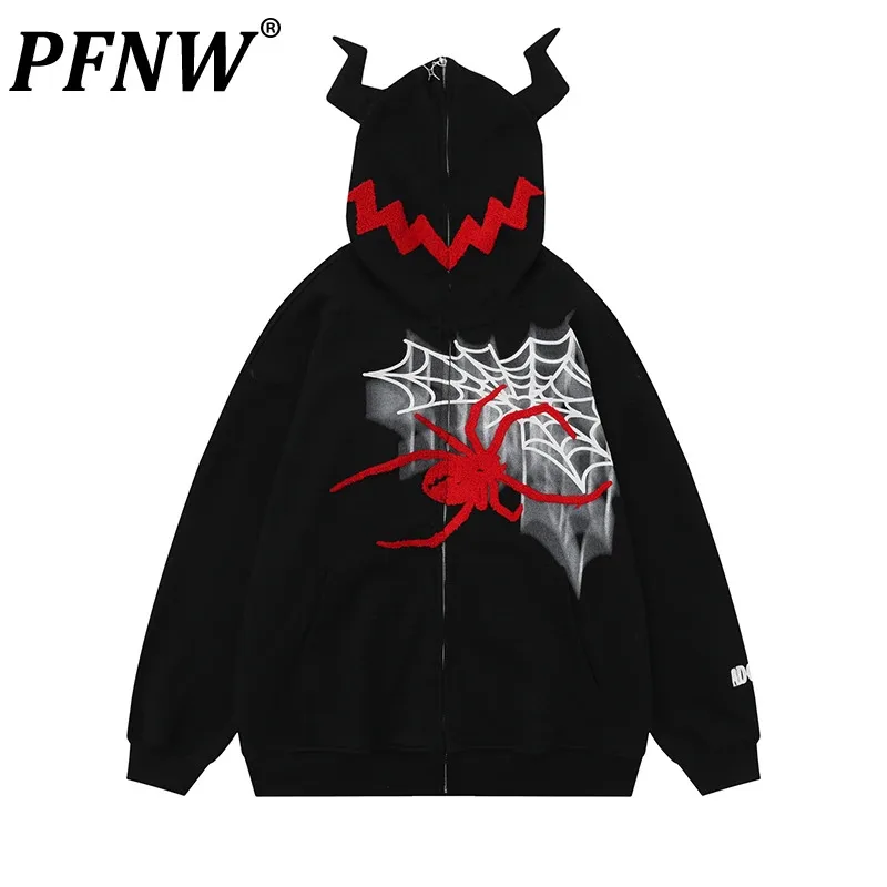 

PFNW Men's Tide High Street Niche Design Letter Embroidery Spider Zipper Cardigan Hoodie Large Size Chic Hip Hop Sweater 12Z6444