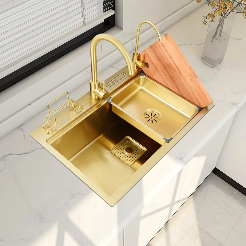 Kitchen sink brushed gold 304 stainless steel with knife holder ladder handmade single bowl gold drainer large size