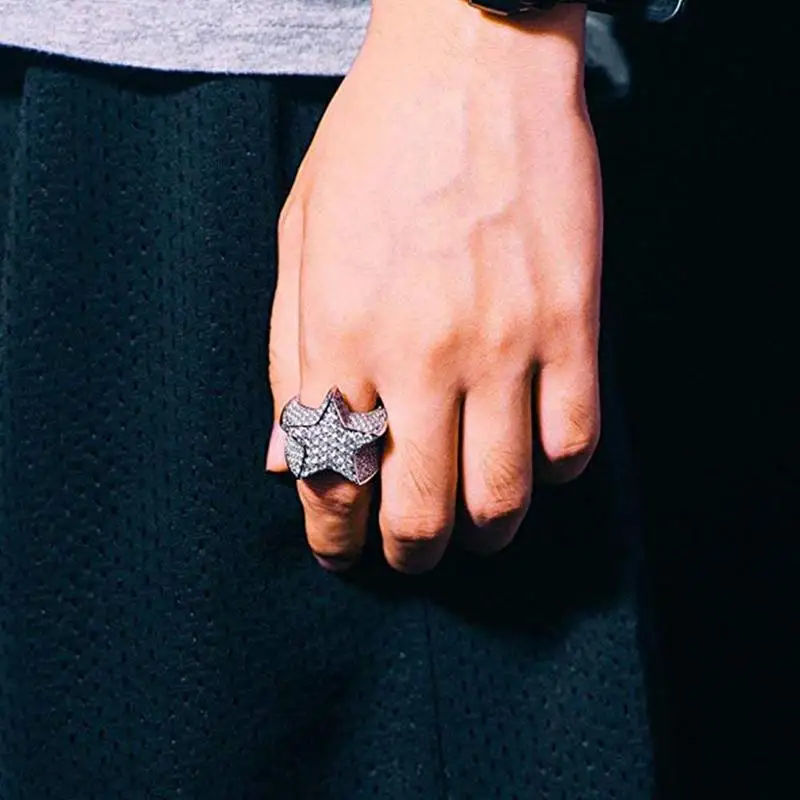 TOPGRILLZ 2022 New Five Star Ring Micro Pave Inlaid Zircon Gold Color Hip Hop Iced Crystal Cubic Zircon Jewelry For Gift Ring