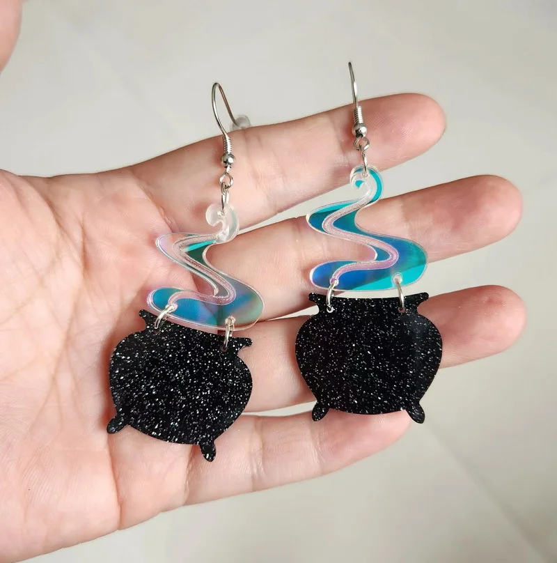 Funny Black Witch Jar Halloween Earrings For Women Hallowmas Laser