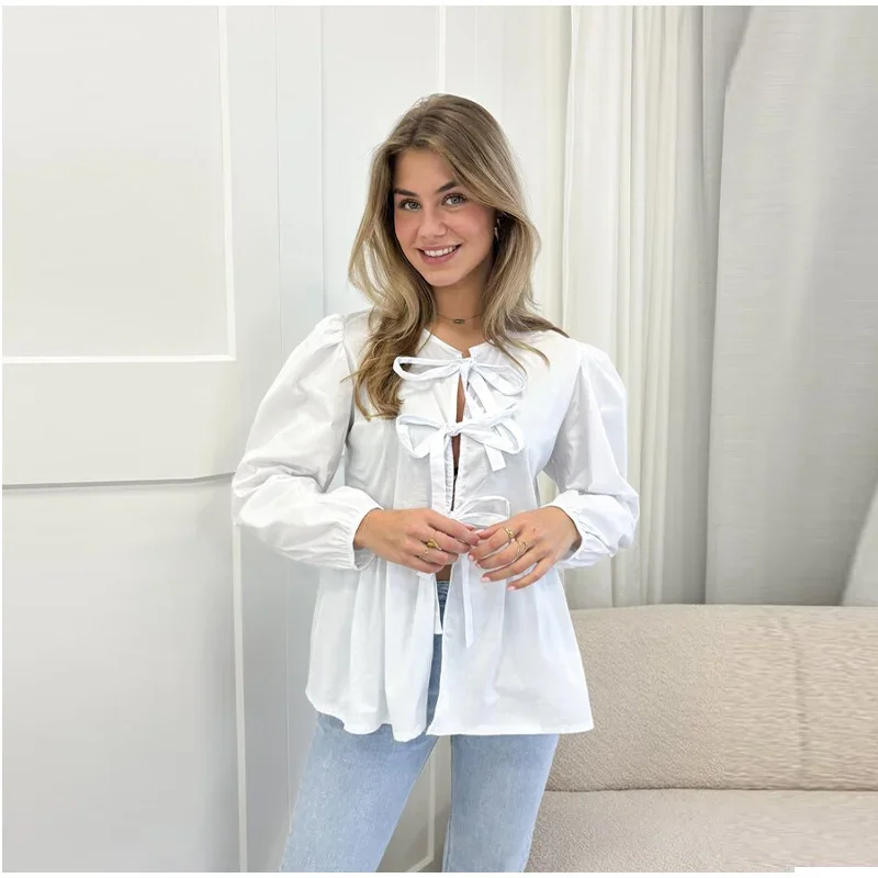 S5964929189234989af9bc61c1dac1b5cF Fashion Leopard Print Bow Women Shirts Casual Long Sleeve O-neck Lace Up Blouses Spring Summer Retro Hollow Out Female Top Mallzona