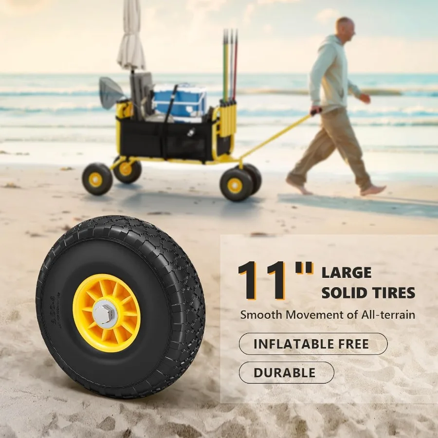 Beach Fishing Cart with 11 Big NOFlat Airless Tires for Easy Transport on Sand Foldable Beach Wagon Trolley Featuring Large Car