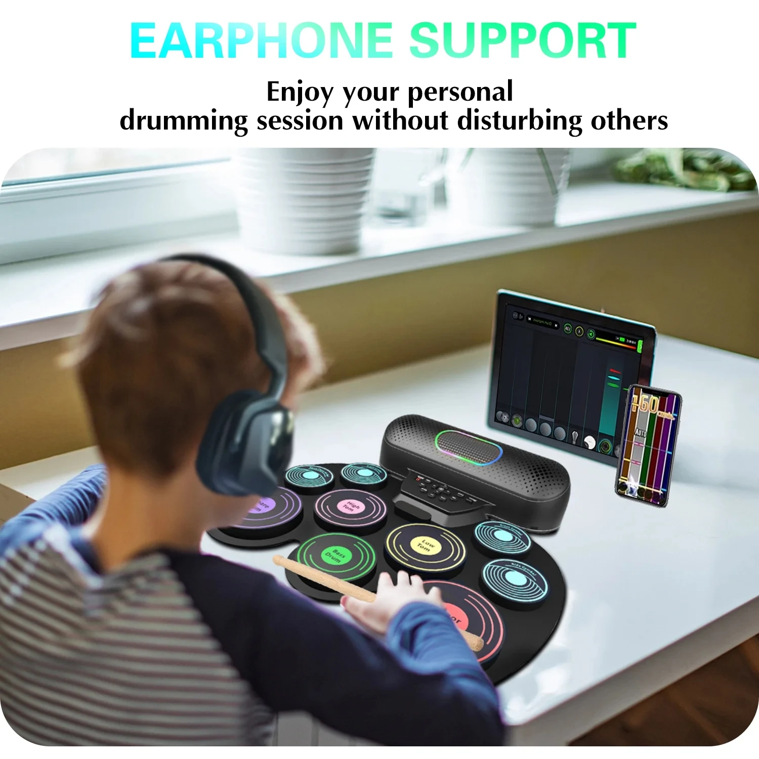 Electronic Drum Set for Kids Adults 9 Pads Portable MIDI Roll-up Drum Kit Dual Speakers/Headset Jack/Drumsticks/Foot Pedals