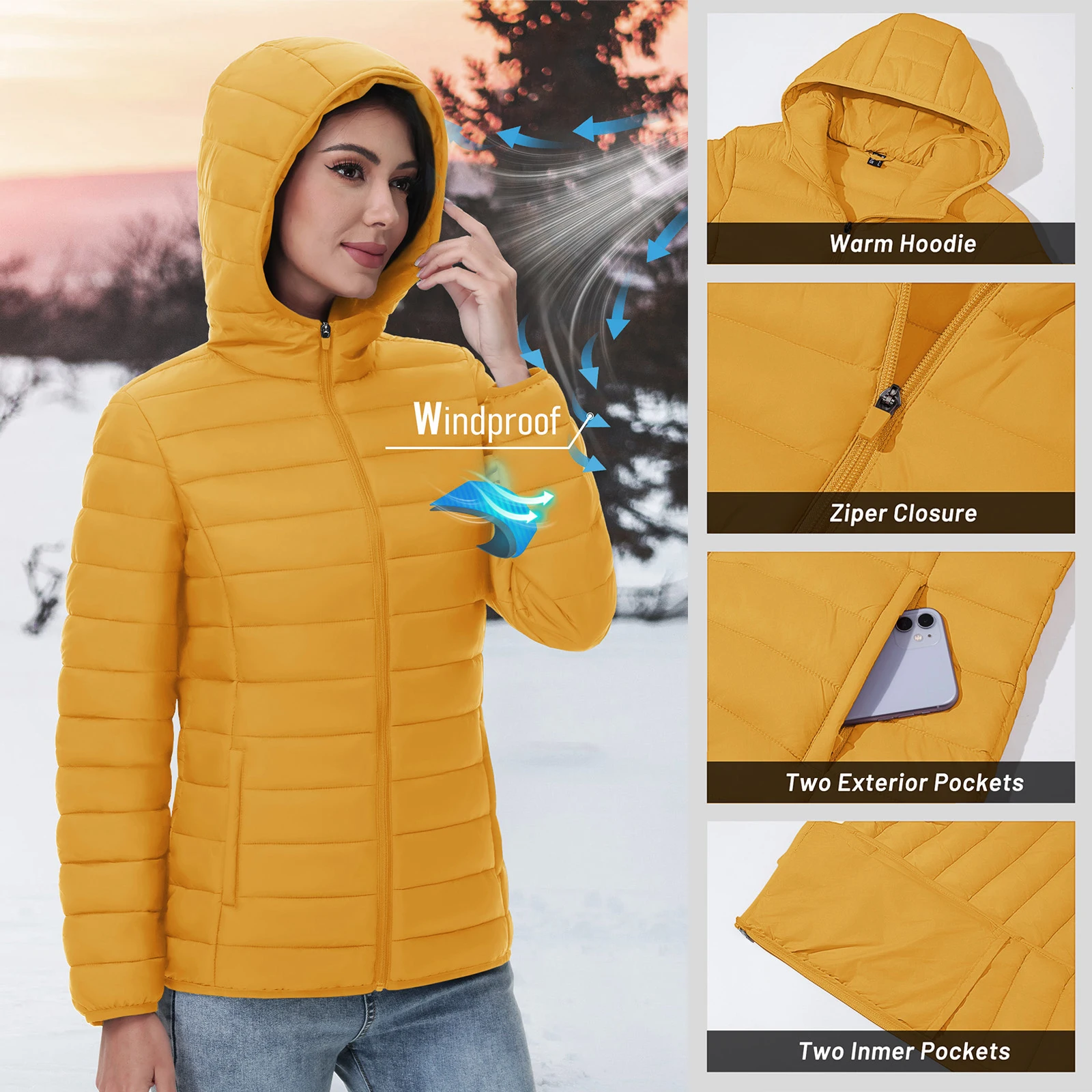 Women's Lightweight Hooded Puffer Jacket - Full Zip Windbreaker Quilted Down Coat