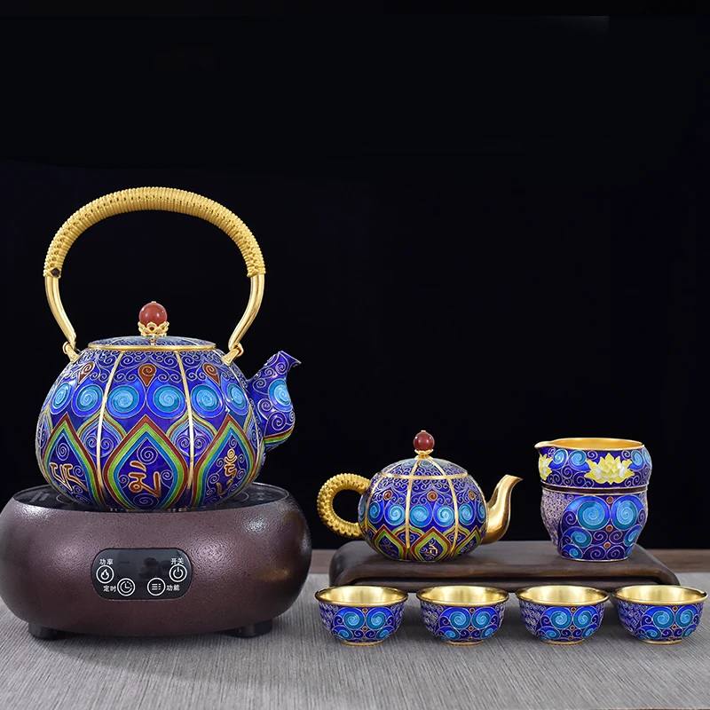 

Cloisonne sterling silver 999 kettle teapot teacup Kung fu tea set enamel silver kettle