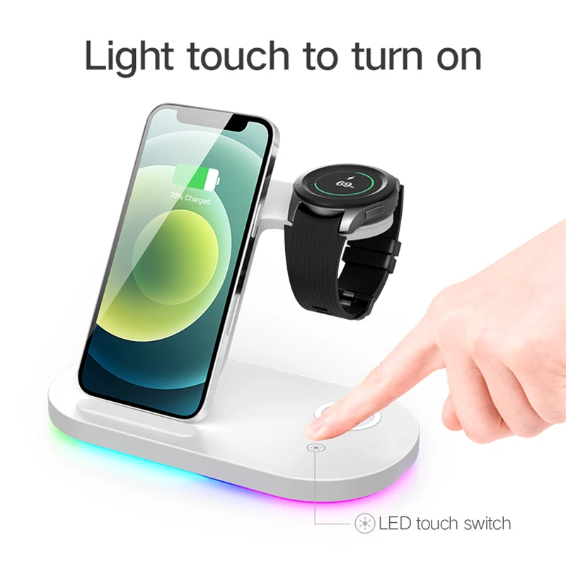 

Для Samsung Z Fold3 Z Flip3 S21 S20 Galaxy Watch 4 3 Active 2 1 Buds Pro Live Беспроводная зарядная стойка 15 Вт быстрая зарядная станция