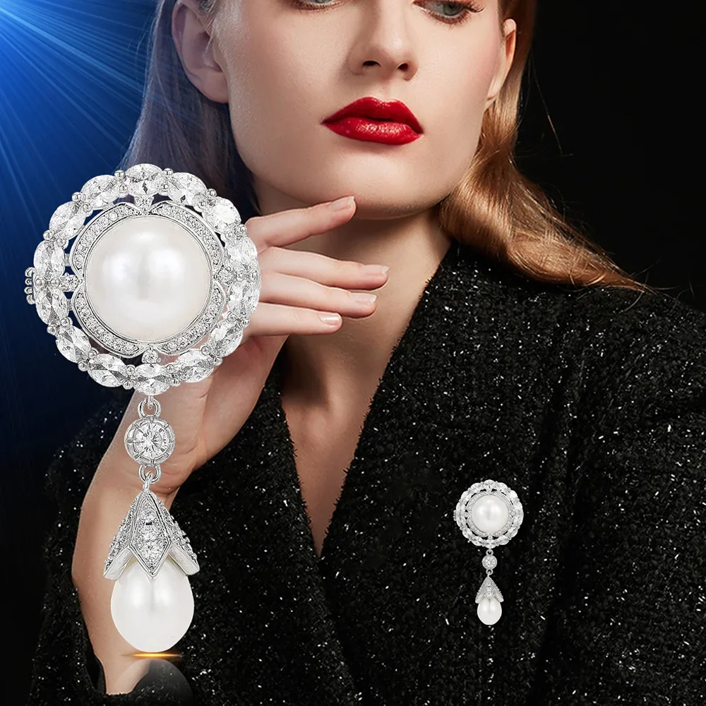 

Brooches for Women Round water drop pearl pendant Brooch Crystal Zircon Inlaid Pins Jewelry Wedding Clothing catwalk Accessories