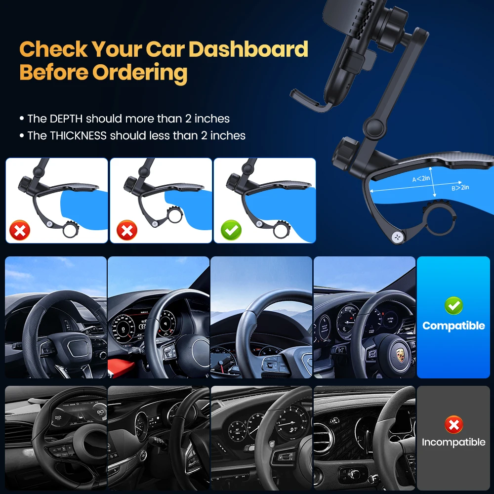 Car Phone Holder Dashboard Clip Stand Multi-Angle Rotation Silicone Anti-Slip Co