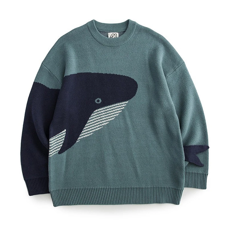 

Свитер мужской с круглым вырезом, Модный повседневный Свободный пуловер с японским мультяшным принтом Кита, теплая трикотажная одежда в стиле Харадзюку для пар, унисекс