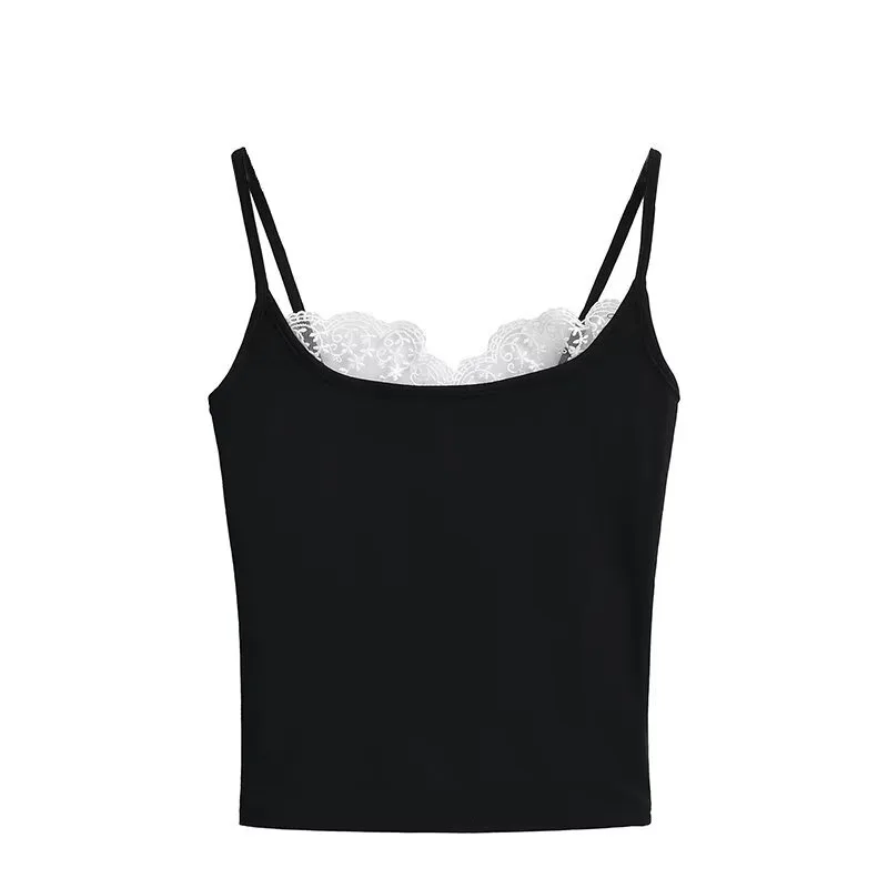 New Sweet Lace Edge Spliced Short Slim Fit Solid Color Small Strap Top