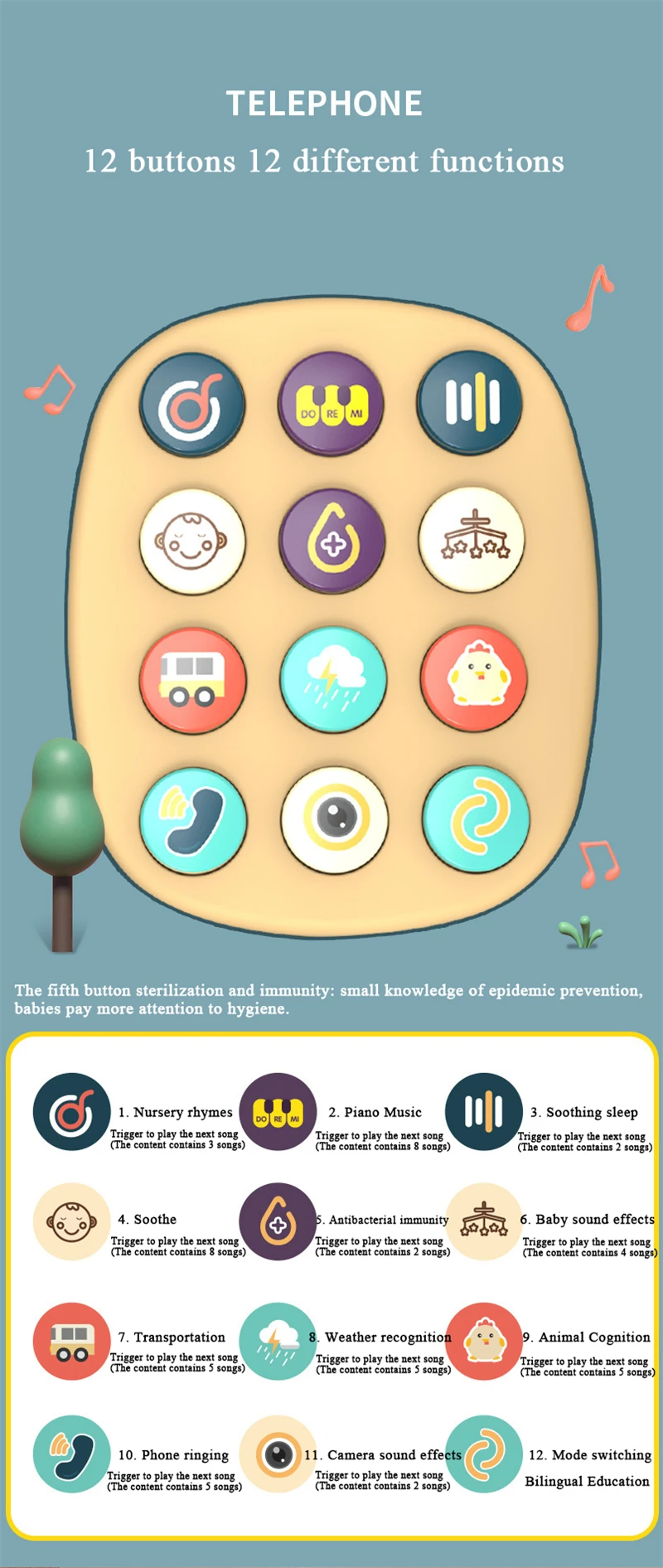 Fdit Jouets téléphoniques Téléphone jouets 10 fonctions d'apprentissage