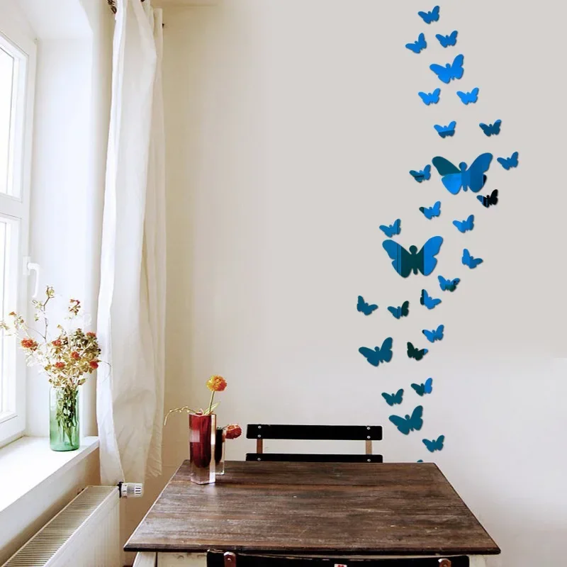 36PCS/Set Mirror Butterfly Pattern Wall Stickers DIY Background Living Room Bedroom Stickers Garden Style 3D Cafe Window Flowers