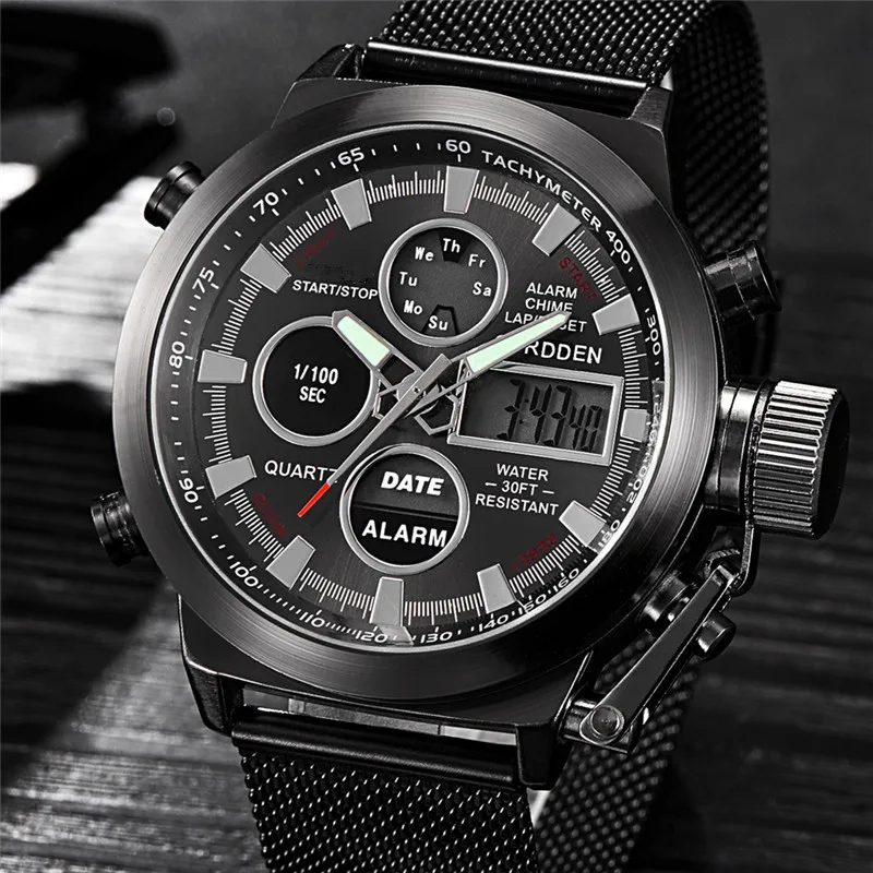 Men Genuine CURDDEN Brand Watches Fashion Full Steel Band Digital Multi-function Sports Watch Black Montres de Marque de Luxe