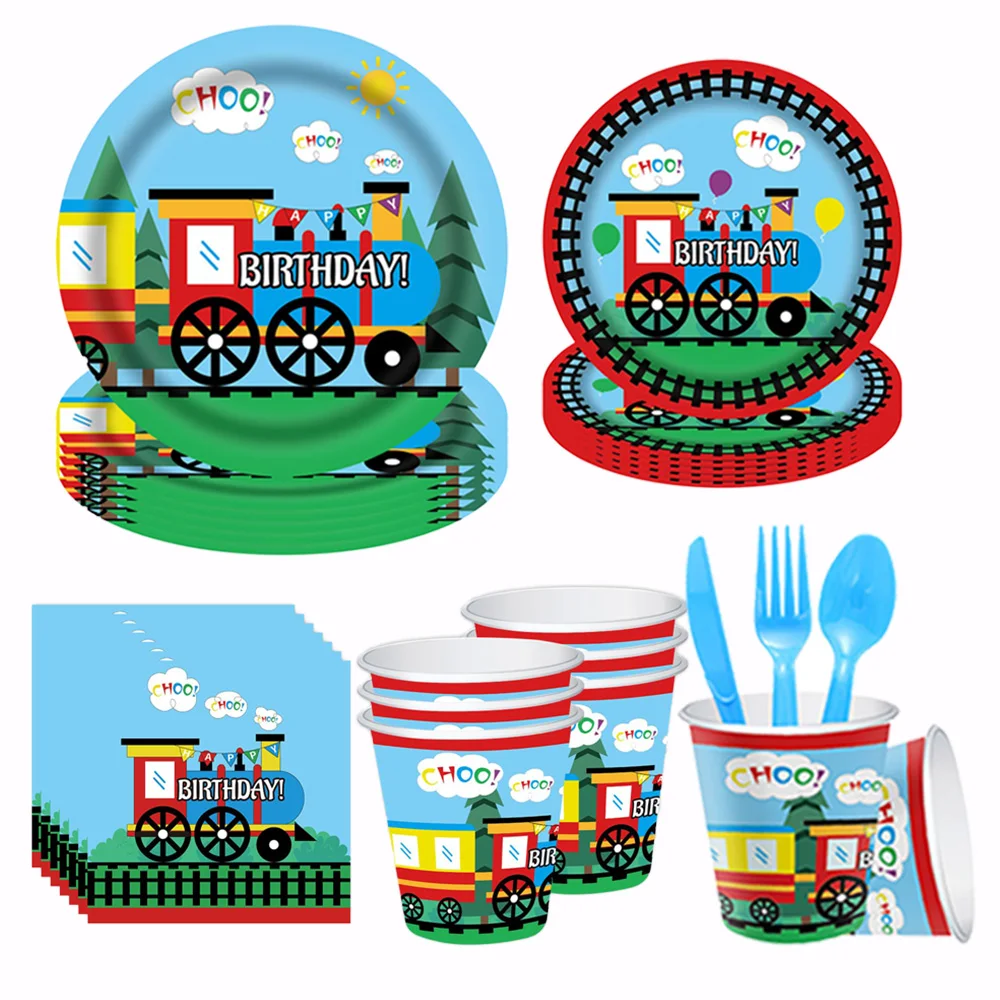 

Train Birthday Party Decorations Supplies Disposable Dinnerware Set Plates Napkins Cups Forks Food Grade Birthday Decorations